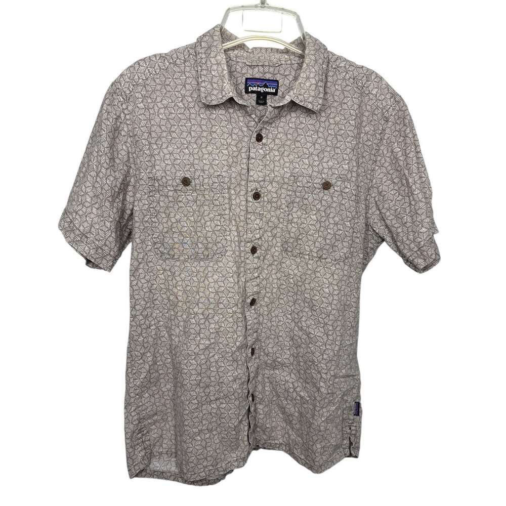 Patagonia Men's Medium Gray Short Sleeve Geometric Button Up Shirt Hemp Cotton - Picture 2 of 10